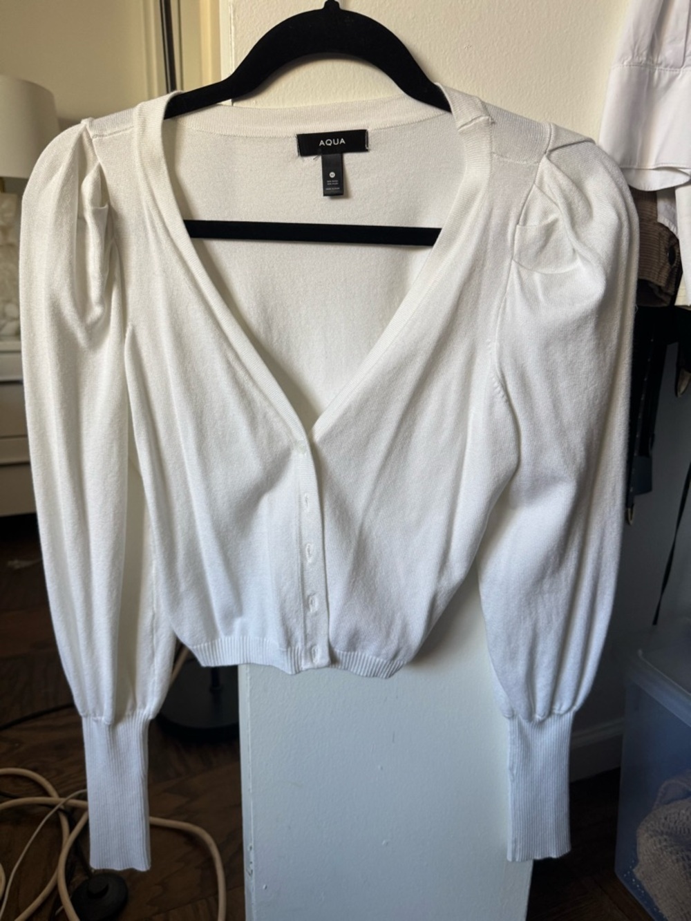 Aqua Cream V-Neck Button Front Puff Sleeve Cardigan